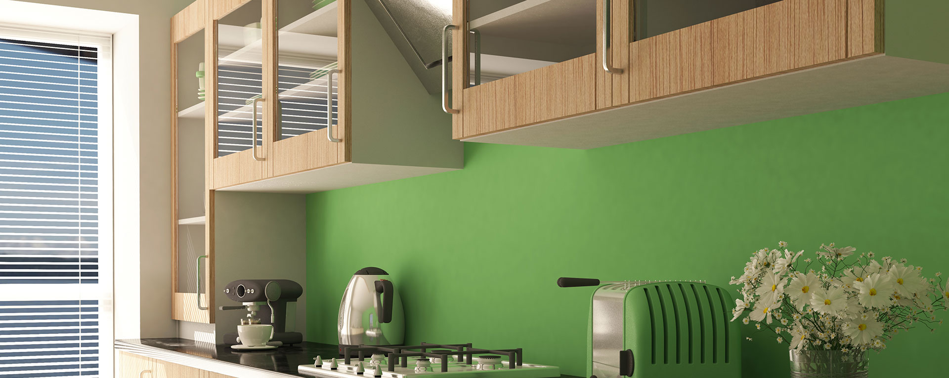 Calm blue bedroom with neat furniture